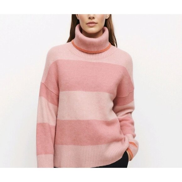 J. Crew Pink Striped Turtleneck Sweater L Supersoft Yarn Cozy & Stylish - Picture 1 of 10